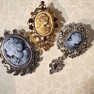 Elegant 3 vintage inspired Cameo style Brooch Set in Silver and Gold